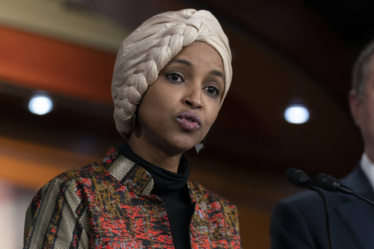 FILE - Rep. Ilhan Omar, D-Minn., speaks during a news conference on Capitol Hill in Washington, ...