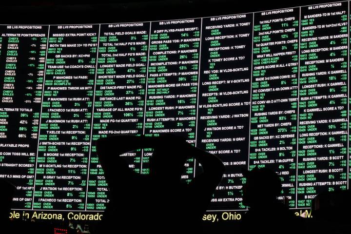The menu of Super Bowl props is on display at the Westgate SuperBook, Thursday, Feb. 2, 2023, i ...