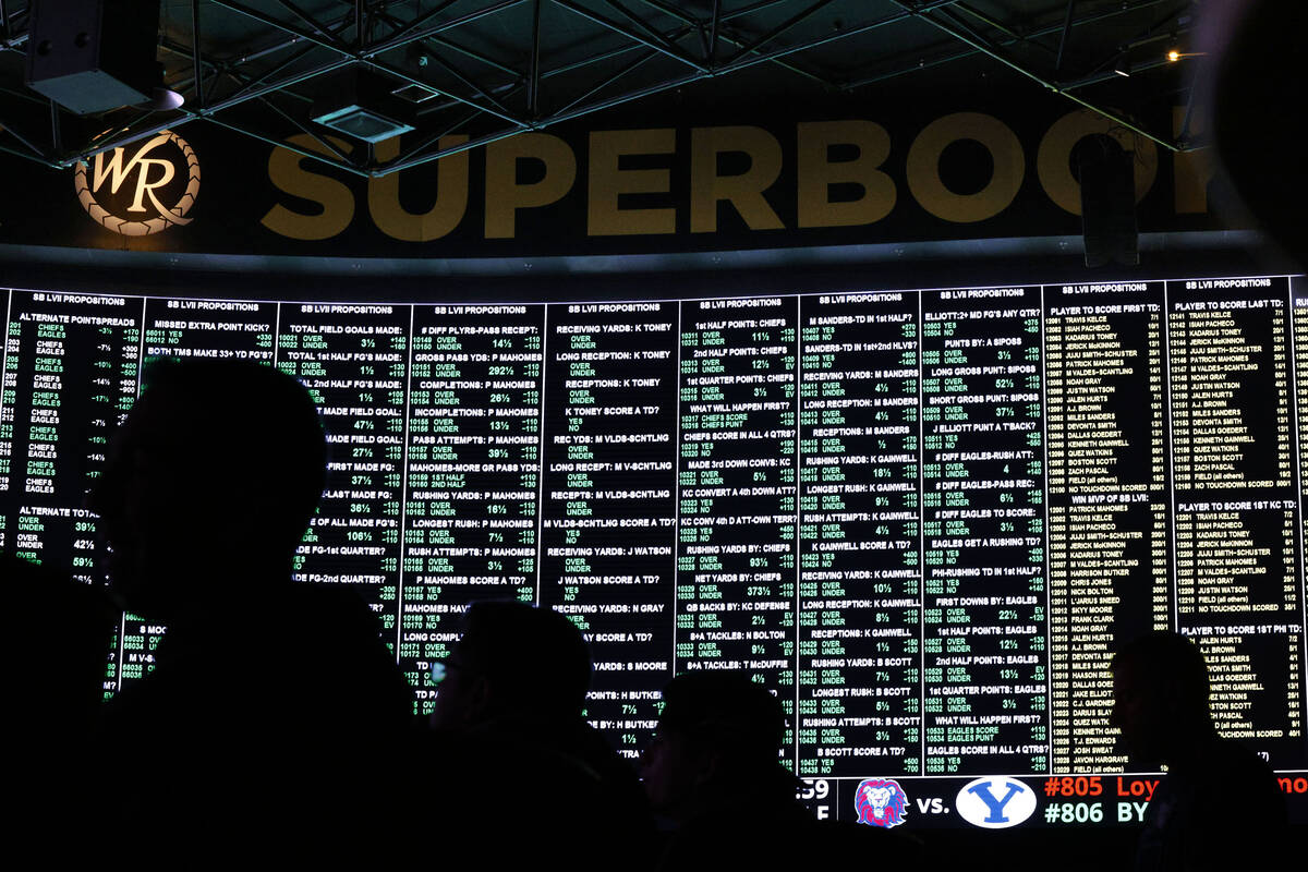 The menu of Super Bowl props is on display at the Westgate SuperBook, Thursday, Feb. 2, 2023, i ...