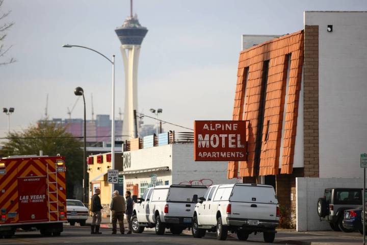 Las Vegas firefighters respond to the scene of a fire at the Alpine Apartment Motel that left 6 ...