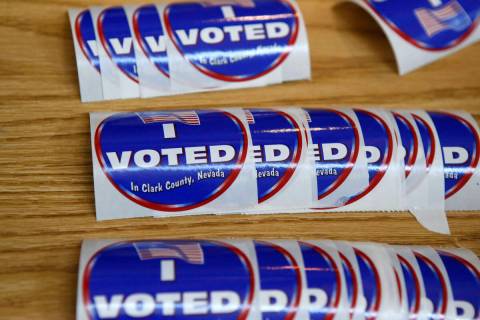 Stickers at a Clark County municipal election polling station at the Galleria at Sunset mall in ...