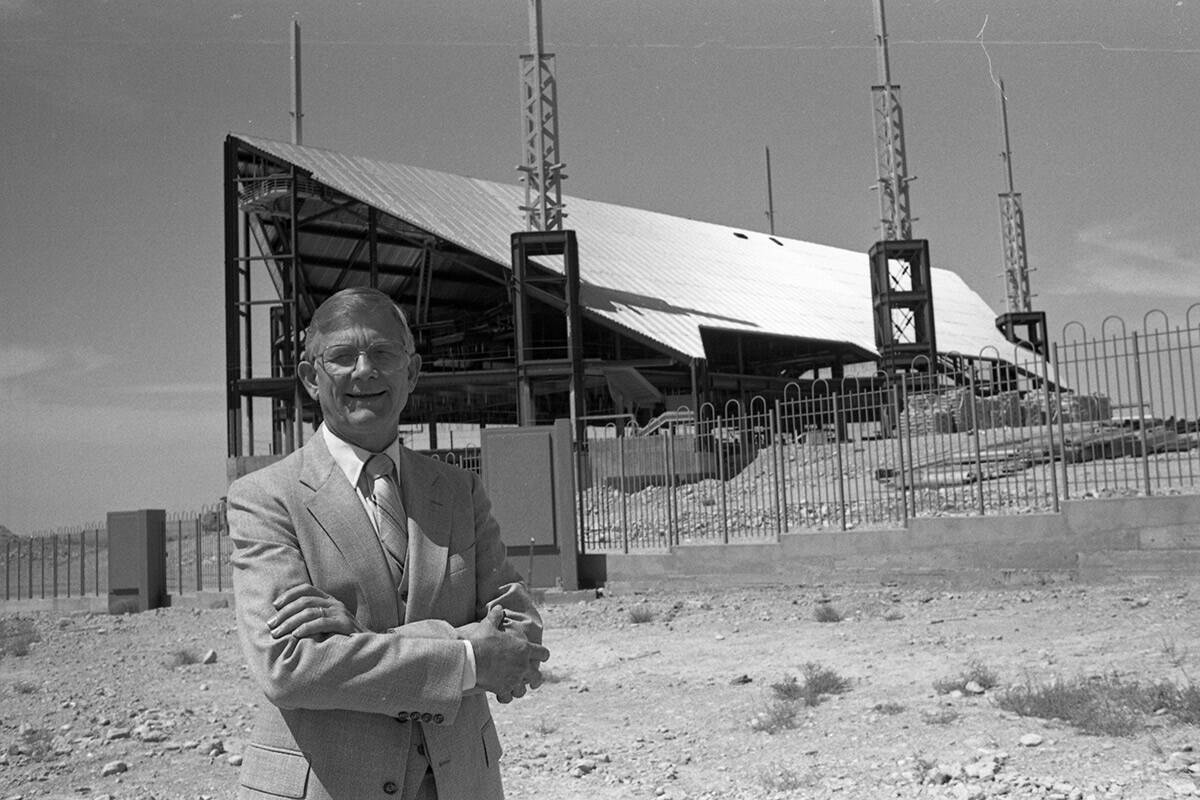 Don Christensen stands in front of a temple that is under construction on Sept. 9, 1987, at the ...