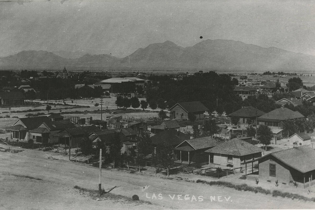 A view of Main Street in Las Vegas with Sunrise Mountain (left) and Frenchman Mountain (right) ...