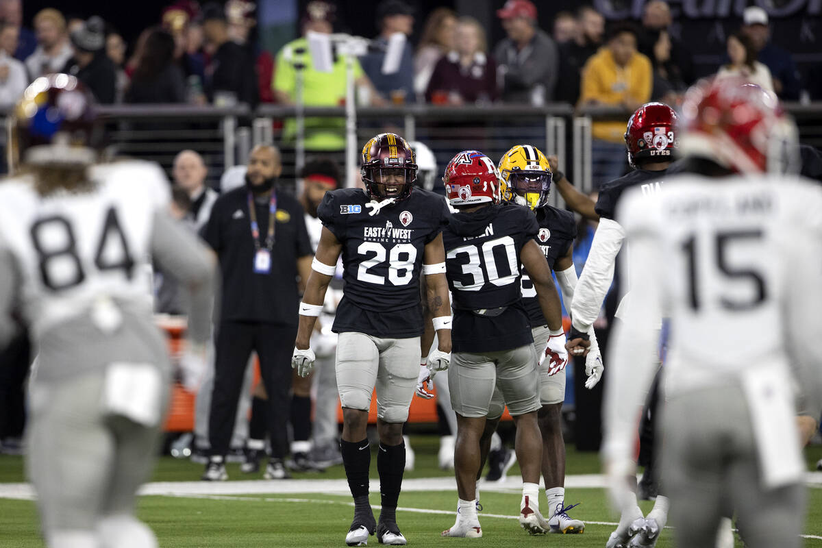 West safety Jordan Howden of Minnesota (28) celebrates a sack against East during the second ha ...