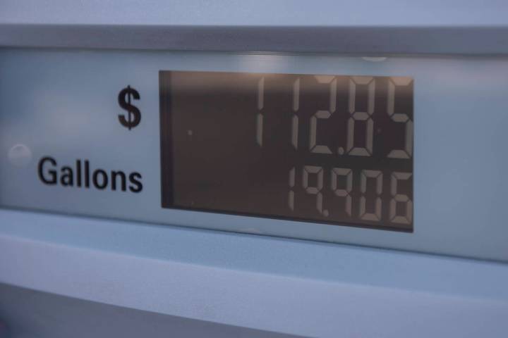 FILE - A gas pump on West Sahara Avenue shows a transaction of $112.85 on Monday, June 6, 2022, ...