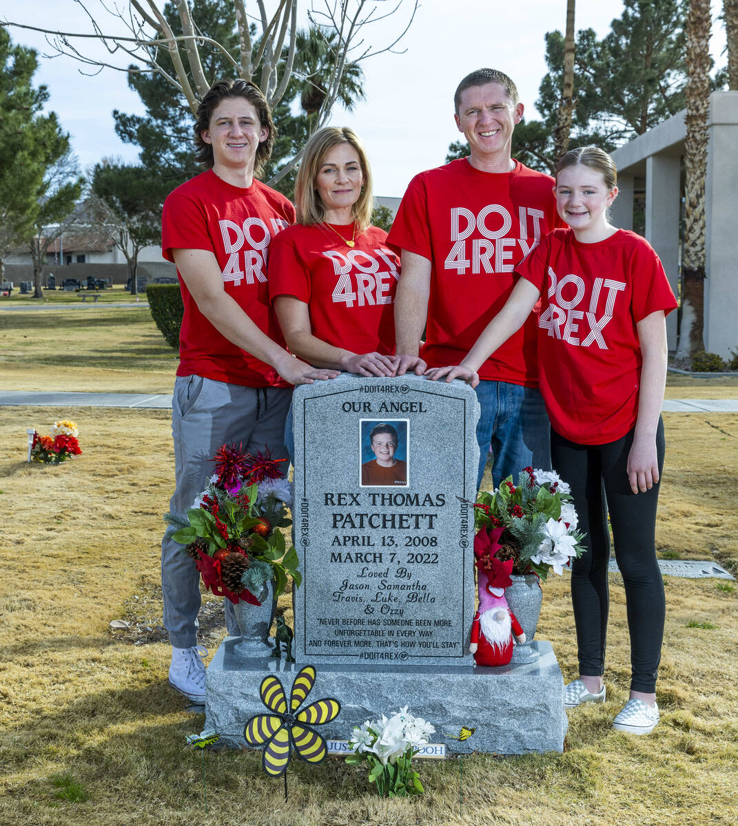 (LtoR) Luke, 17, Samantha, Jason and Bella Patchett, 12, around the headstone of their deceased ...