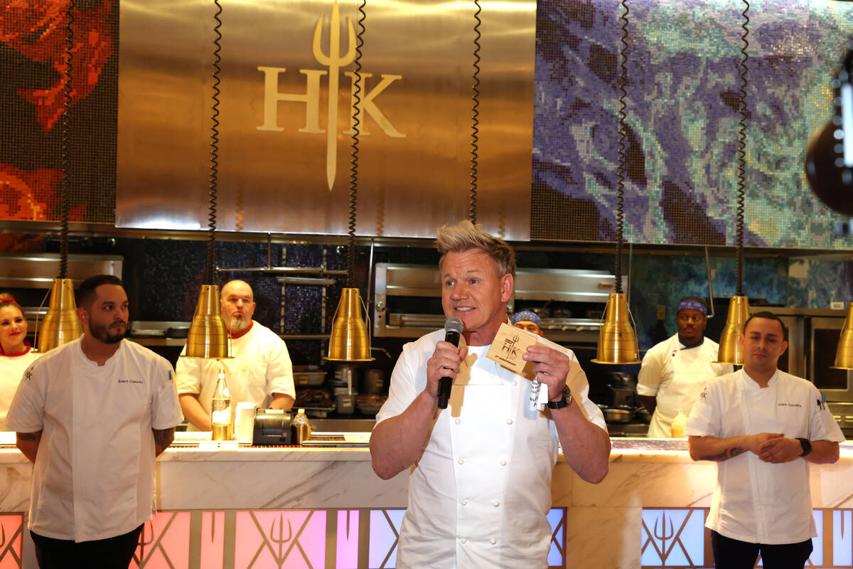 Chef Gordon Ramsay speaks to guests at his Hell’s Kitchen restaurant at Caesars Palace on the ...