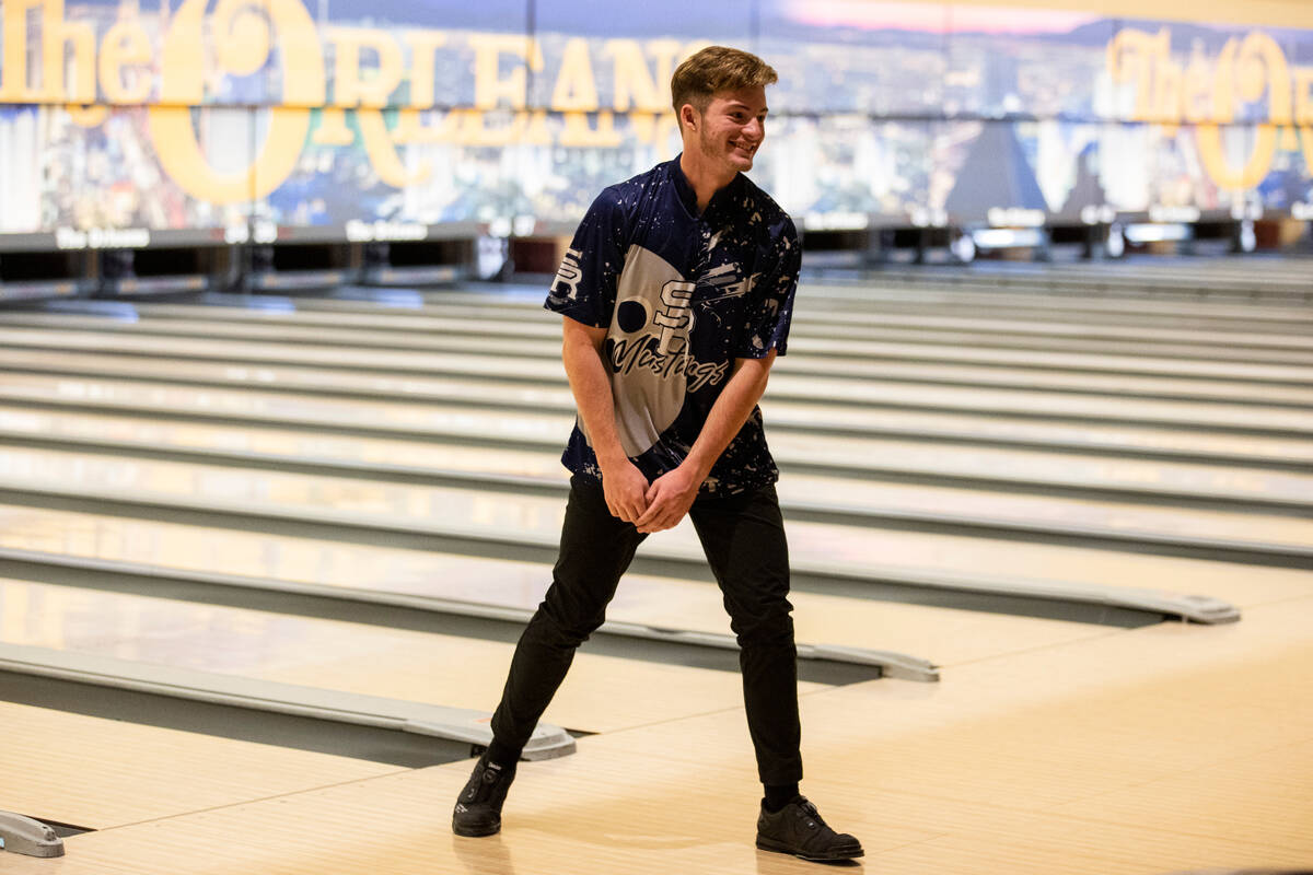 Shadow Ridge's Seth Stovall reacts after bowling in the high school boy's 5A bowling state indi ...