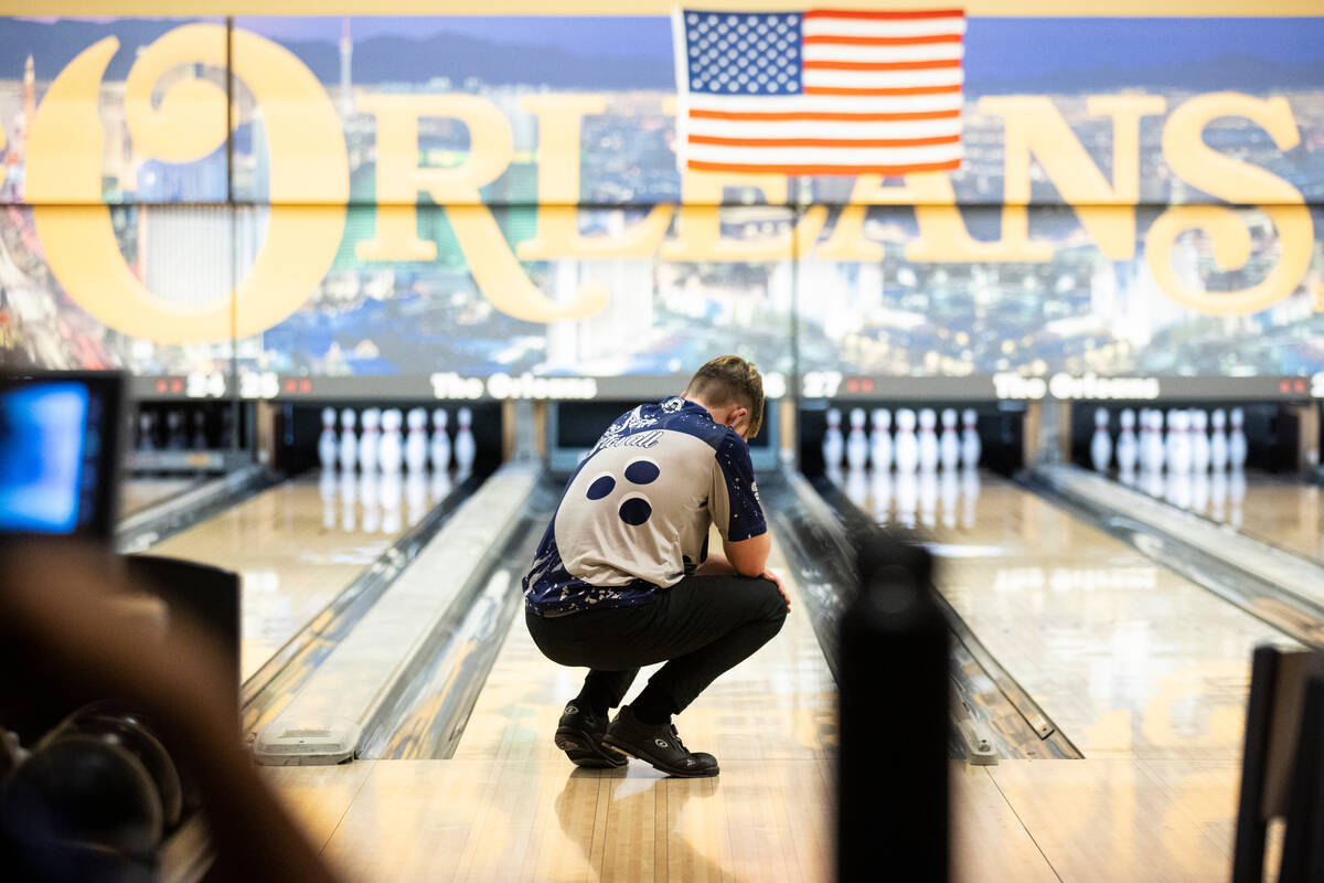 Shadow Ridge's Seth Stovall reacts after winning in the high school boy's 5A bowling state indi ...