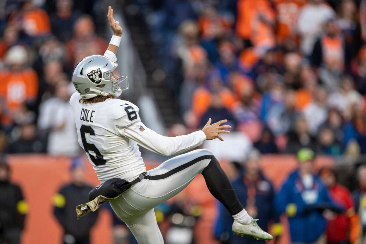 Raiders punter AJ Cole (6) watches his punt during the second half of an NFL game against the D ...