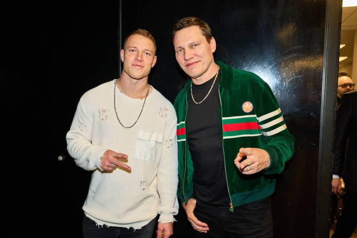 Christian McCaffrey of the San Francisco 49ers is shown with superstar DJ Tiësto at Zouk Night ...