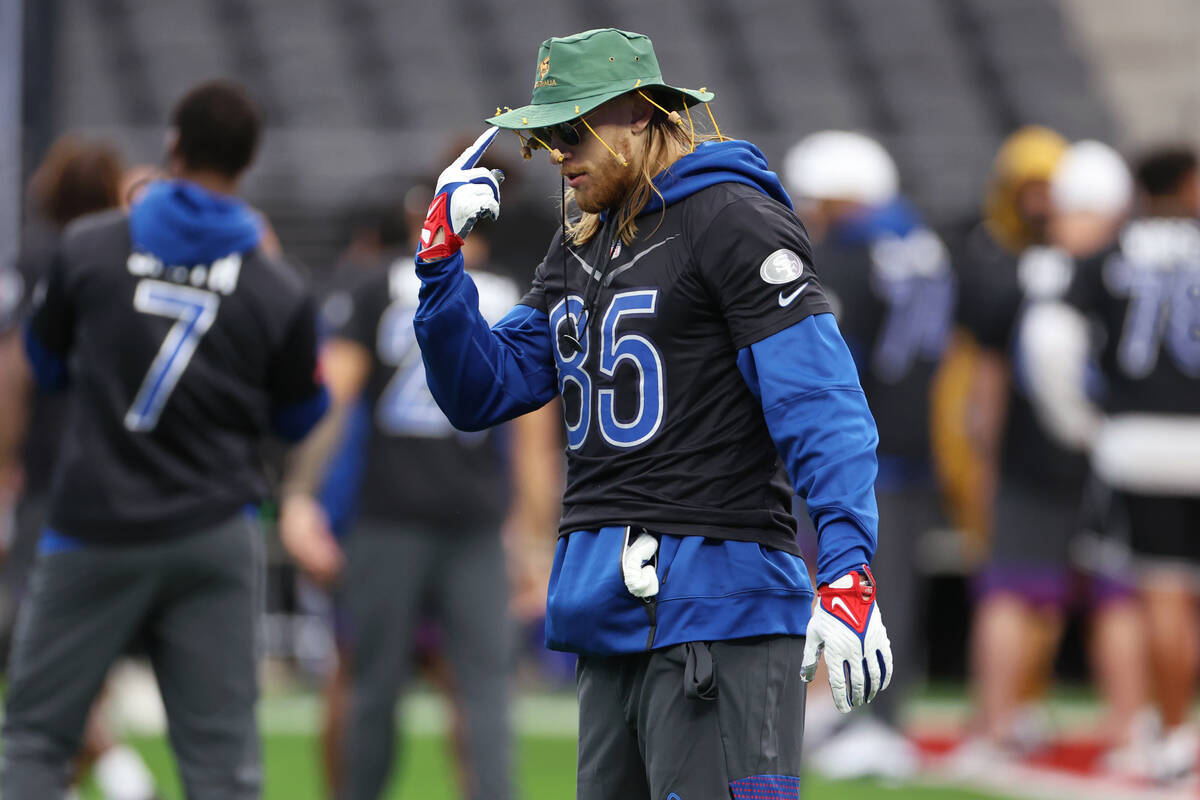 San Francisco 49ers' George Kittle participates during a Pro Bowl rehearsal event at Allegiant ...