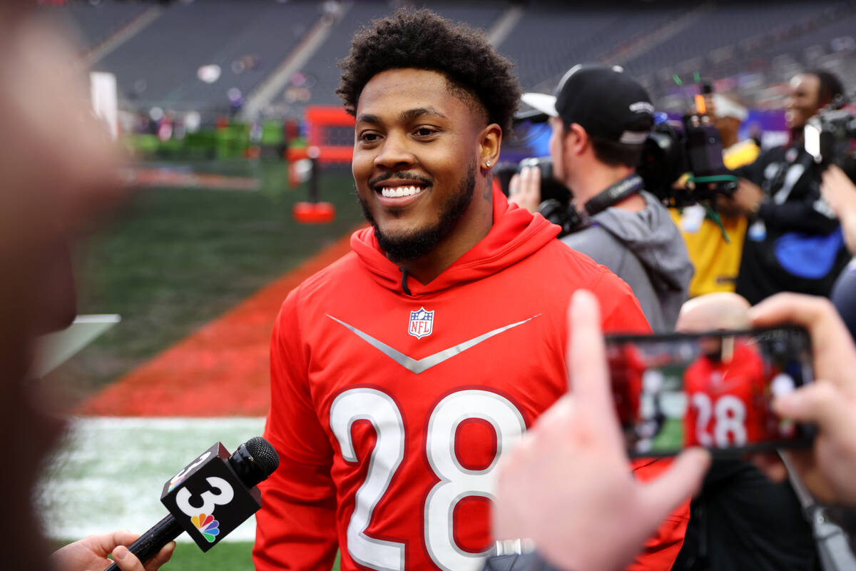 Las Vegas Raiders running back Josh Jacobs (28) is interviewed during a Pro Bowl rehearsal eve ...