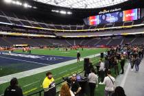 Players participate during a Pro Bowl rehearsal event at Allegiant Stadium in Las Vegas, Saturd ...