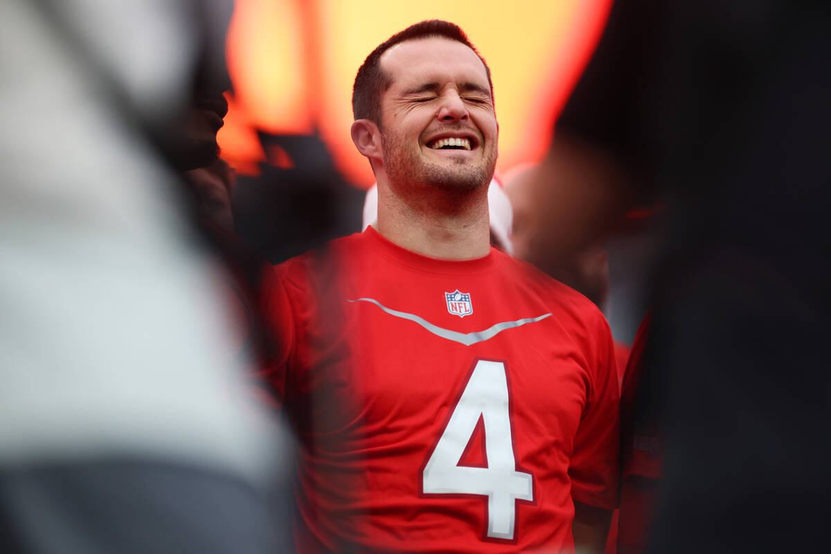 Raiders quarterback Derek Carr participates during a Pro Bowl rehearsal event at Allegiant Stad ...