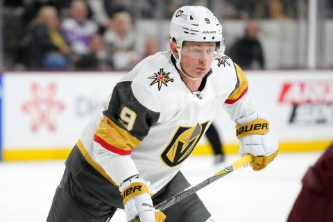 Vegas Golden Knights center Jack Eichel skates to the puck against the Arizona Coyotes during t ...
