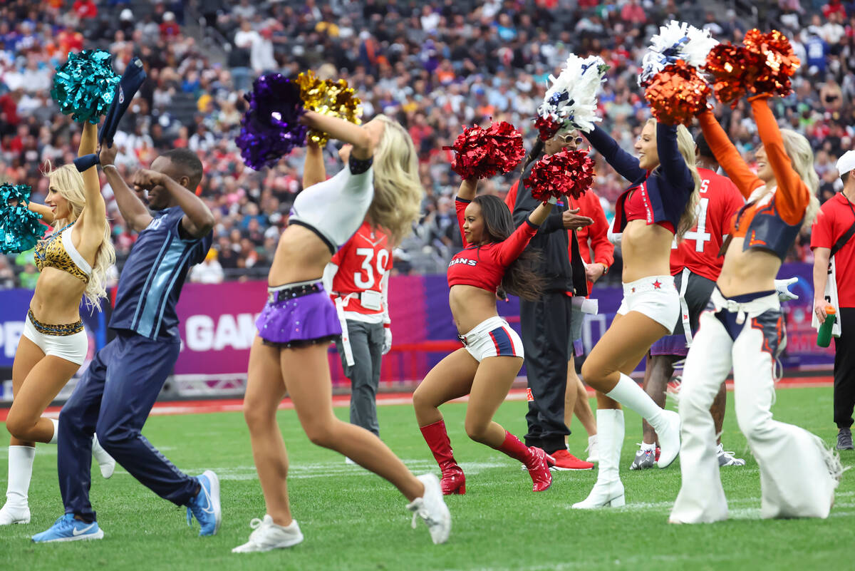 NFL cheerleaders perform during the NFL Pro Bowl Games at Allegiant Stadium on Sunday, Feb. 5, ...