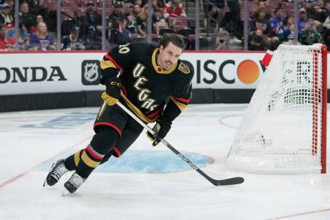 Las Vegas Golden Knights' Chandler Stephenson (20) participates in the speed skating competitio ...