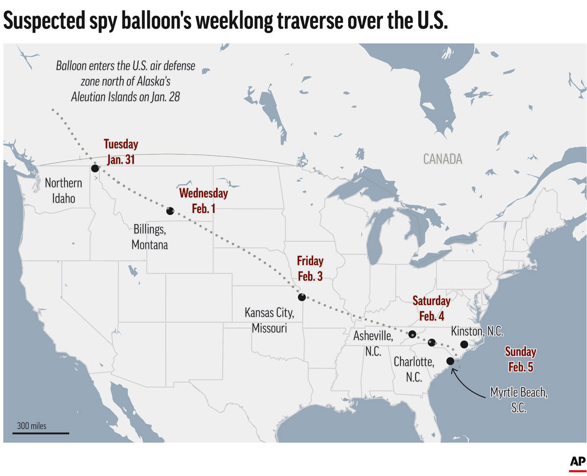 Map shows path of suspected spy balloon.