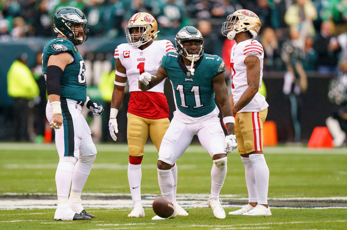 Philadelphia Eagles wide receiver A.J. Brown (11) reacts to his first down with San Francisco 4 ...