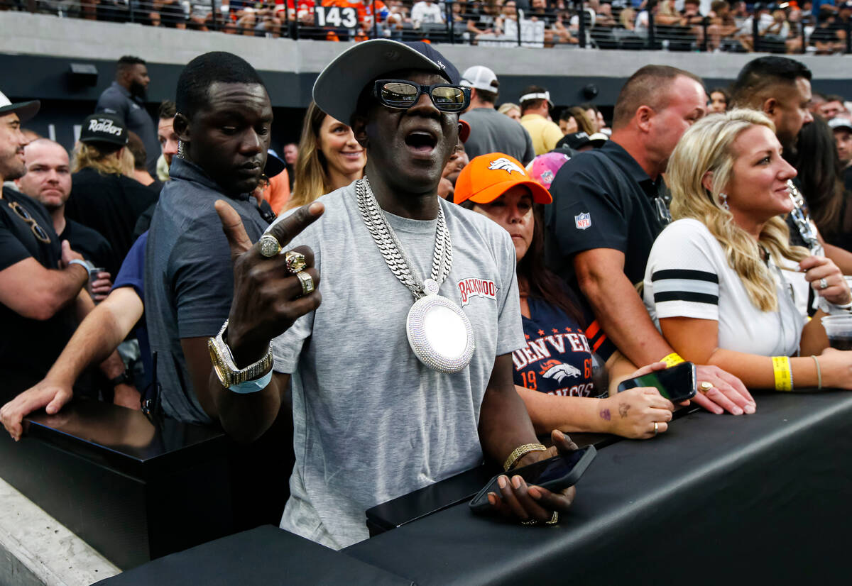 Flavor Flav poses for a picture during the second half of an NFL game at Allegiant Stadium on S ...