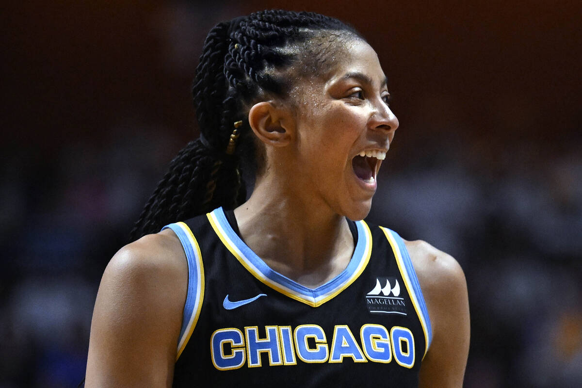 Chicago Sky forward Candace Parker reacts during Game 3 of a WNBA basketball semifinal playoff ...