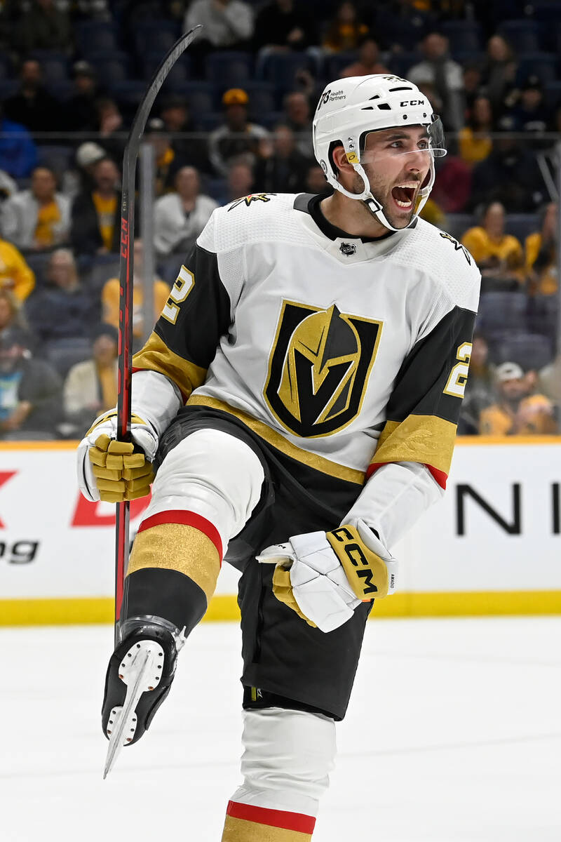 Vegas Golden Knights right wing Michael Amadio celebrates after scoring a goal against the Nash ...