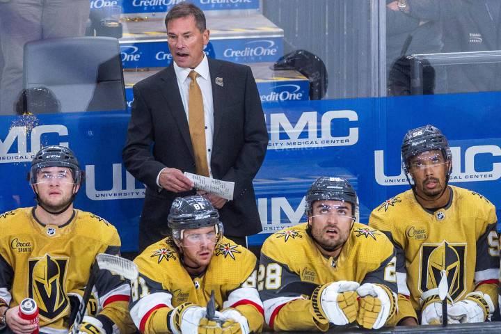 This Oct. 13, 2022 photo shows Golden Knights Head Coach Bruce Cassidy during the second period ...
