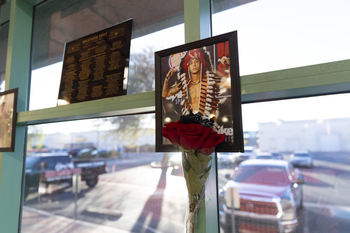 A picture of mixed martial arts fighter Anthony Castrejon, is displayed at One Kick's Gym in La ...
