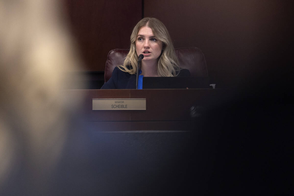 Sen. Melanie Scheible, D-Las Vegas, chairs a meeting of the Senate Committee on Judiciary durin ...