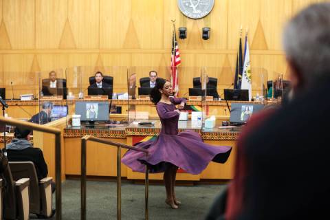Koura Wright performs a dance to a Nina Simone song at the Clark County Commission meeting that ...