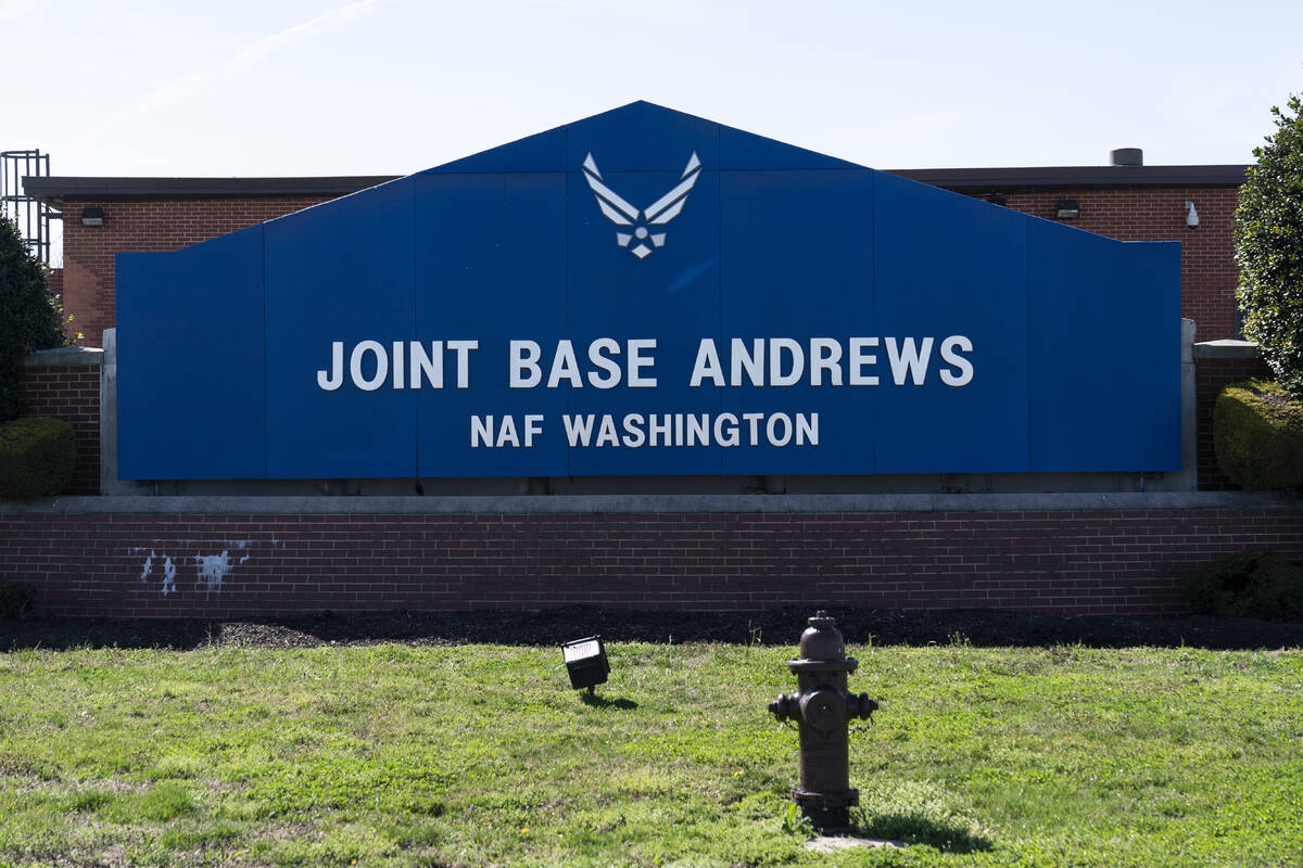 FILE - The sign for Joint Base Andrews is seen, Friday, March 26, 2021, at Andrews Air Force Ba ...