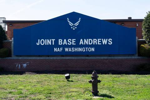 FILE - The sign for Joint Base Andrews is seen, Friday, March 26, 2021, at Andrews Air Force Ba ...
