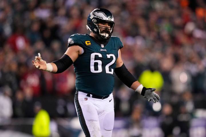 Philadelphia Eagles' Jason Kelce reacts during the NFC Championship NFL football game between t ...