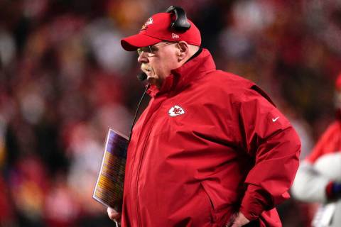 Kansas City Chiefs head coach Andy Reid watches from the sideline during the first half of the ...