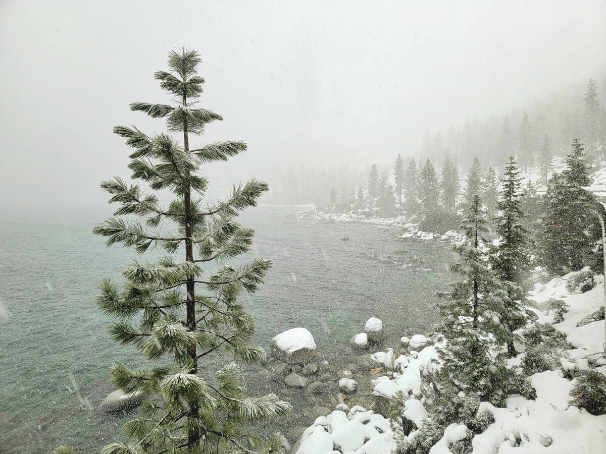 Snow falls on Lake Tahoe on a mid-January day along the Tahoe East Shore Trail. (Natalie Burt/ ...