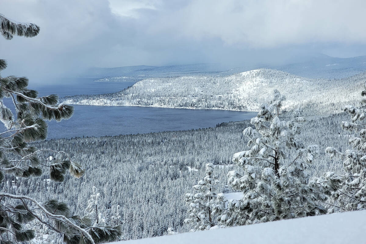 View of Nevada’s north shore of Lake Tahoe from scenic overlook above Incline Village in ...