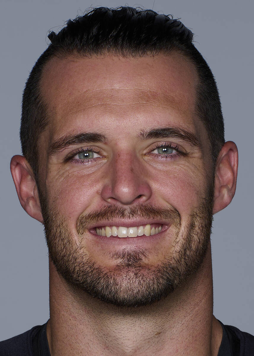 This is a photo of Derek Carr of the Las Vegas Raiders NFL football team. This image reflects t ...
