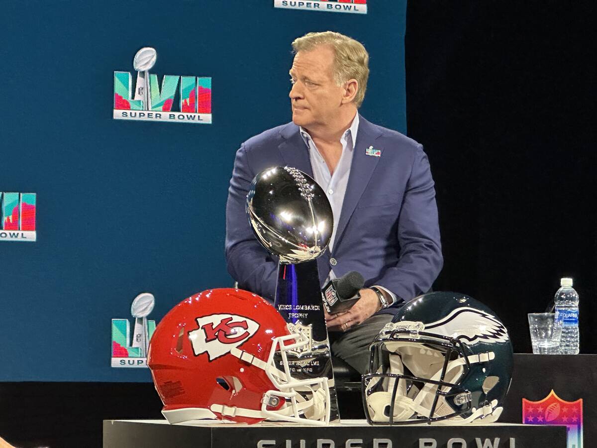 NFL Commissioner Roger Goodell speaks during a Super Bowl LVII news conference Wednesday, Feb. ...