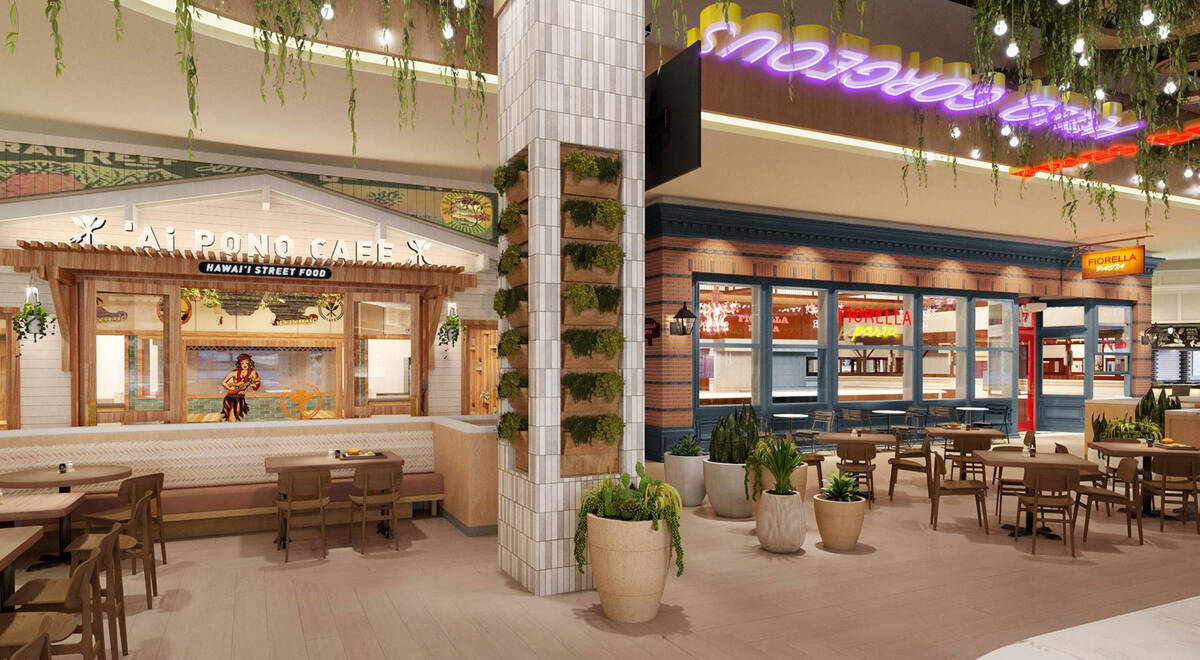 A rendering showing Ai Pono Cafe and Fiorella in the Eat Your Heart Out food hall, which is ope ...