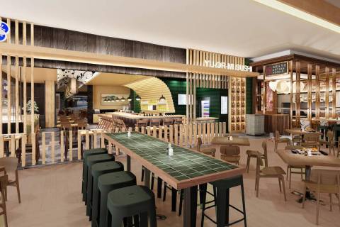 A rendering showing Yu-Or-Mi Sushi and Shang Artisan Noodle in the Eat Your Heart Out food hall ...