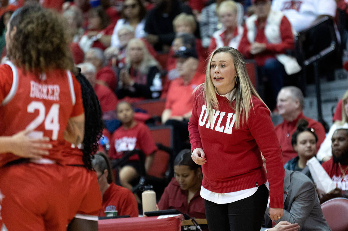 UNLV Lady Rebels head coach Lindy La Rocque directs her team from the sidelines during the firs ...