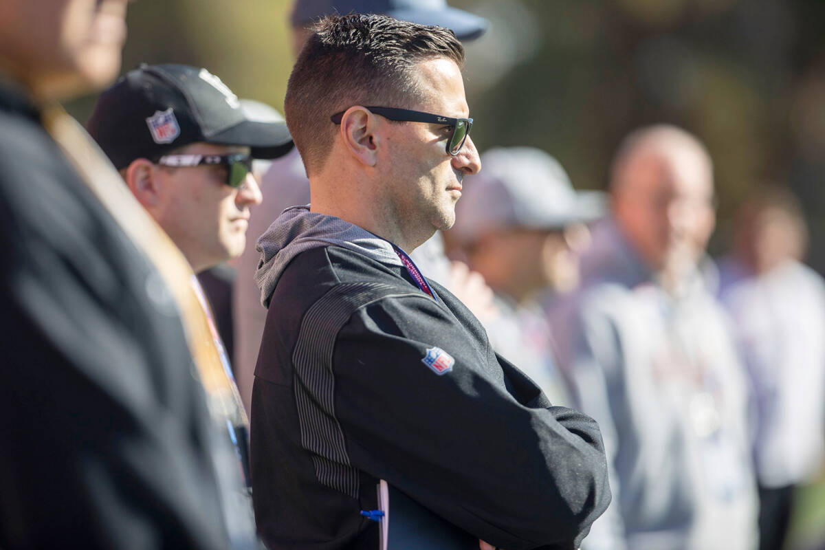 Raiders general manager Dave Ziegler observes the West team’s practice for the East West ...
