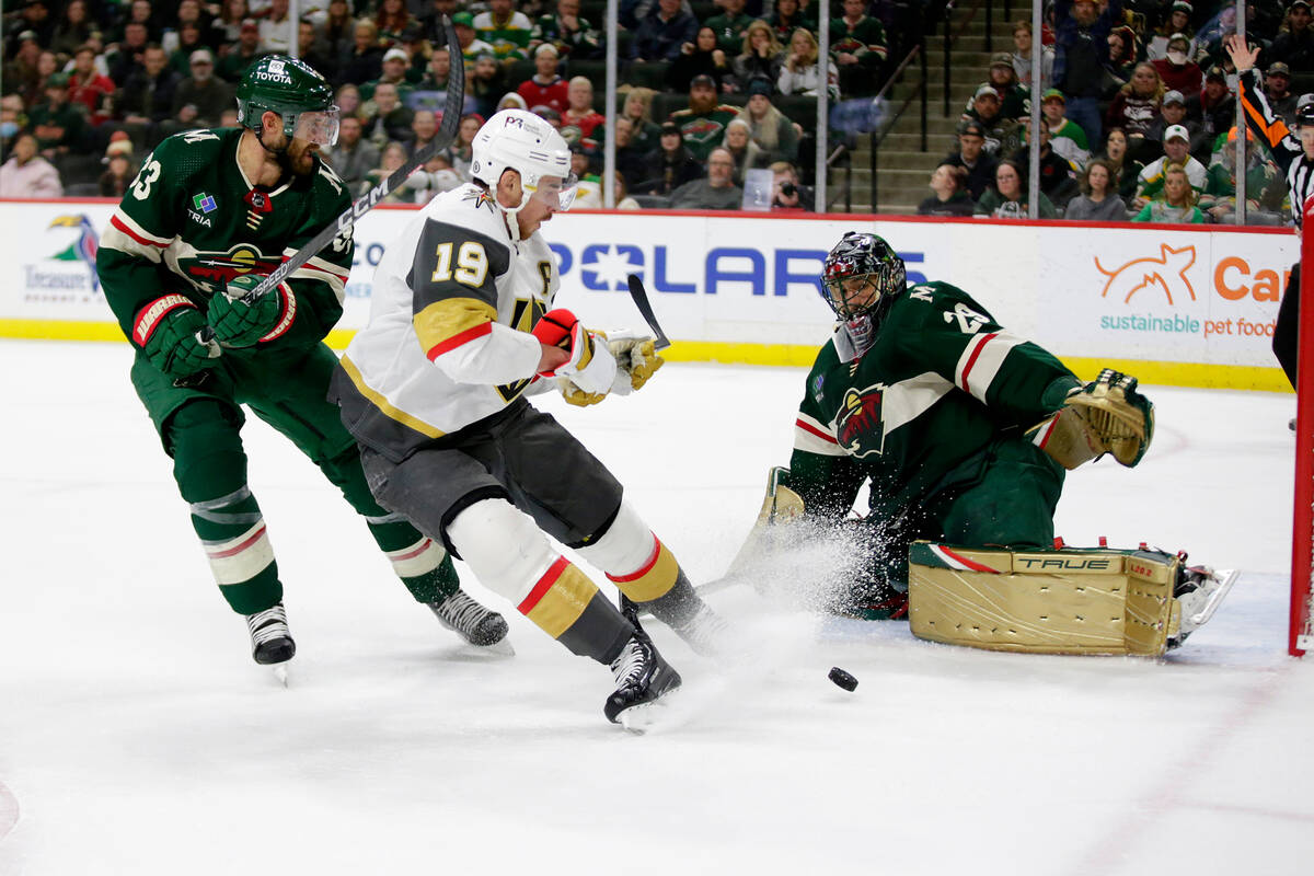Vegas Golden Knights right wing Reilly Smith (19) is stopped on goal by Minnesota Wild goaltend ...