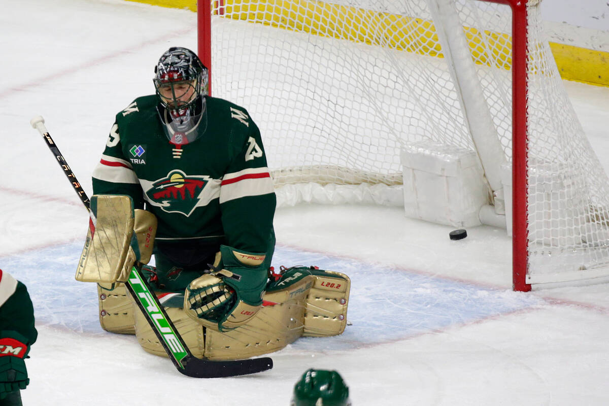 Minnesota Wild goaltender Marc-Andre Fleury reacts after giving up a goal to the Vegas Golden K ...