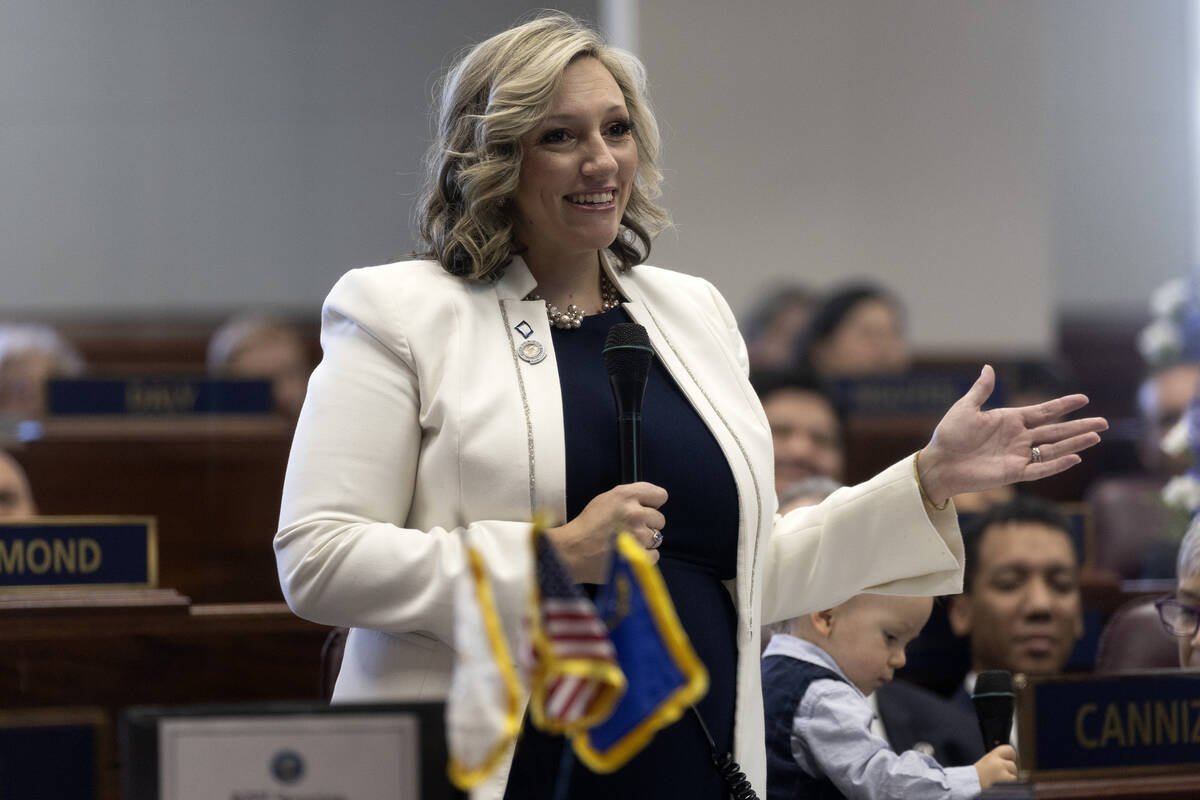 Nevada Sen. Majority Leader Nicole Cannizarro gives a speech during the first day of the 82nd S ...