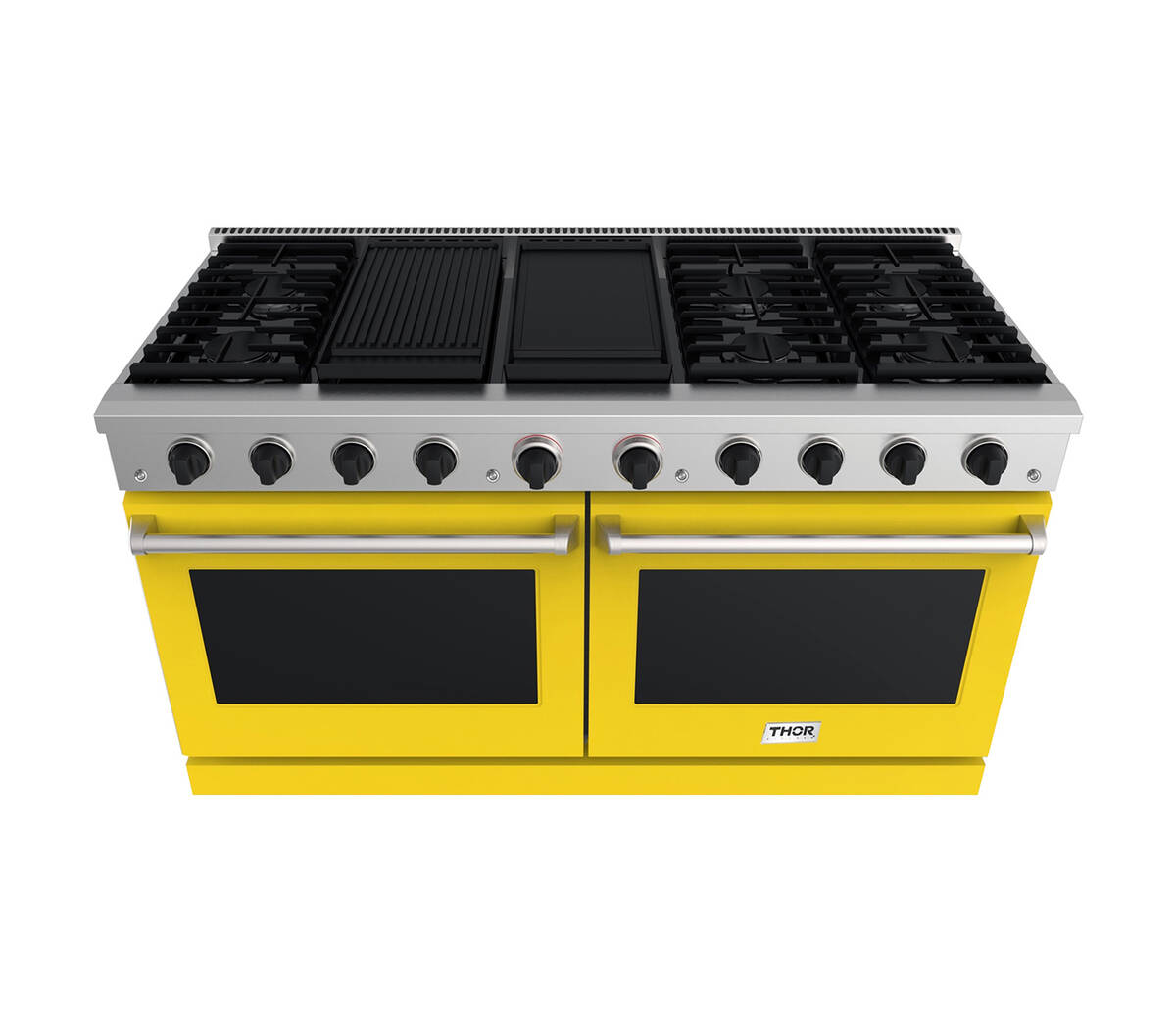 Thor Kitchen introduced its T60-Inch Professional Gas Range in striking yellow. (Thor Kitchen)