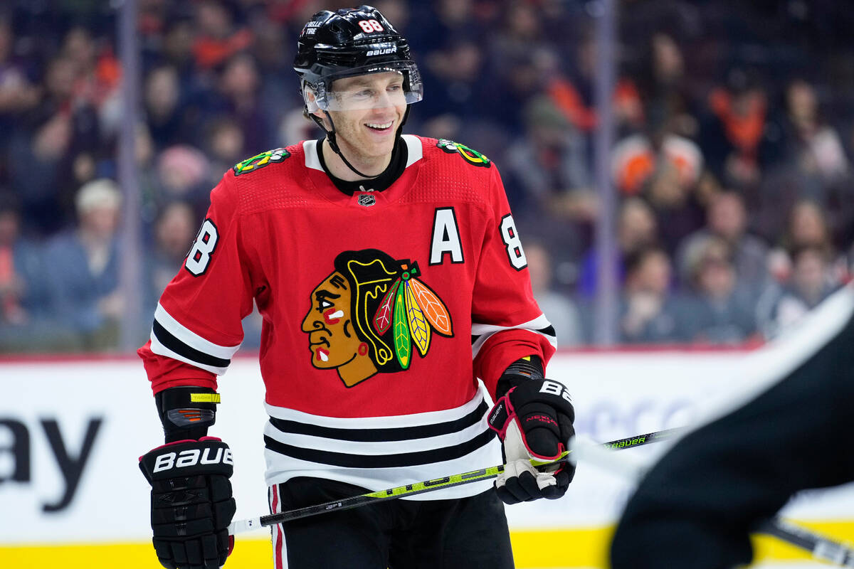 FILE - Chicago Blackhawks' Patrick Kane smiles during an NHL hockey game on Jan. 19, 2023, in P ...