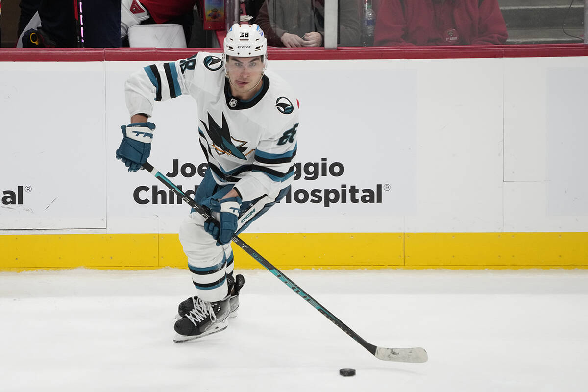 San Jose Sharks right wing Timo Meier passes the puck during the third period of an NHL hockey ...