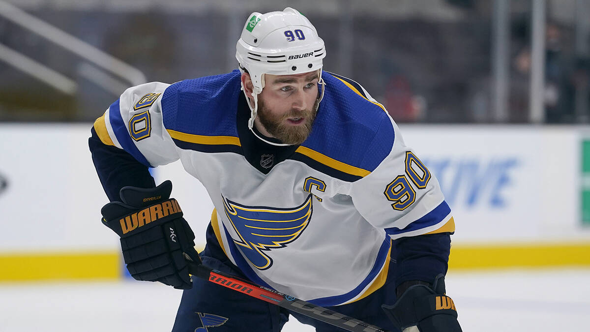 St. Louis Blues center Ryan O'Reilly (90) against the San Jose Sharks during an NHL hockey game ...